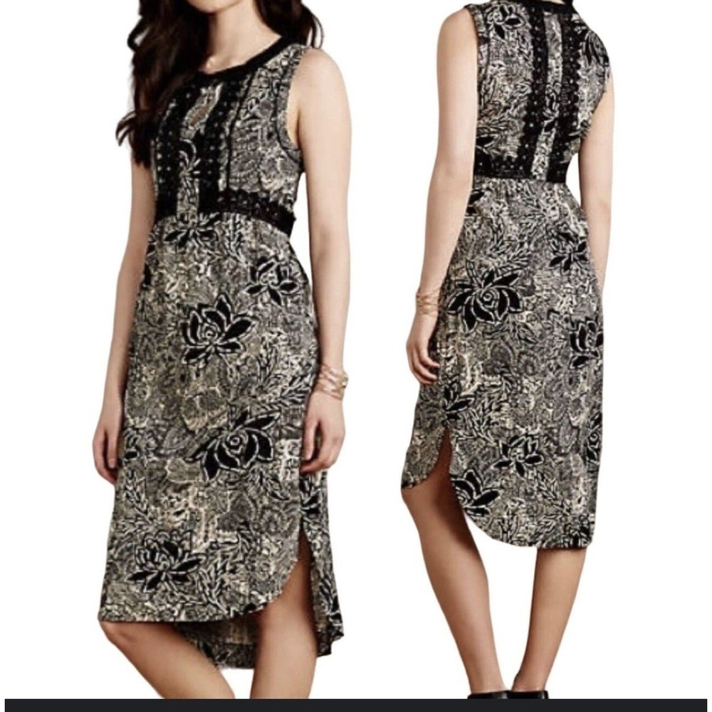 Anthropologie Holding Horses Suraja Midi‎ Dress Floral Black/Beige Boho Size 2